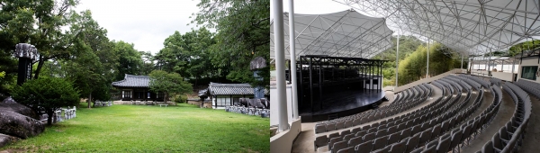 The 32nd Geochang International Festival of Theatre will be held at several outdoor venues including the Confucian academy Guyeon Seowon (left) and Suseungdae Festival Theatre (right). (Kim Sunjoo)