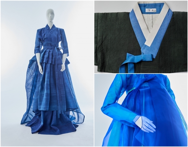 The Ministry of Culture, Sports and Tourism and Korea Craft and Design Foundation from Aug. 25-28 will hold Hanbok Expo 2022 at the Seoul COEX in the capital's Gangnam-gu District. Shown are featured designs for the exhibition "A Blue Story that Permeates the Wind" (unofficial translation). From left clockwise are Kim Young-jin's Hanbok dress and waist dress colored in natural blue dye, Lee Hae-soon's jeogori (top) also with natural blue dye and Song Hae-mi's jeogori, dangui (upper female garment) and dress.
