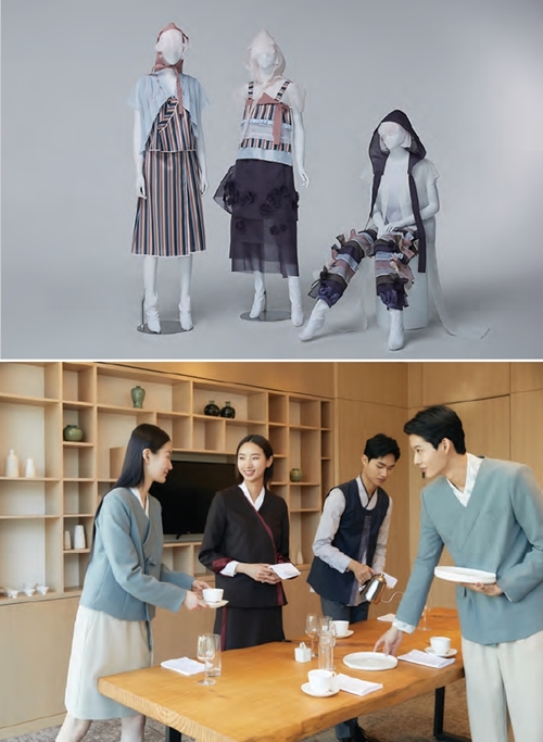 Above are Hanbok outfits that won awards at this year's Hanbok Design Project Contest and below are Hanbok-inspired school uniforms.