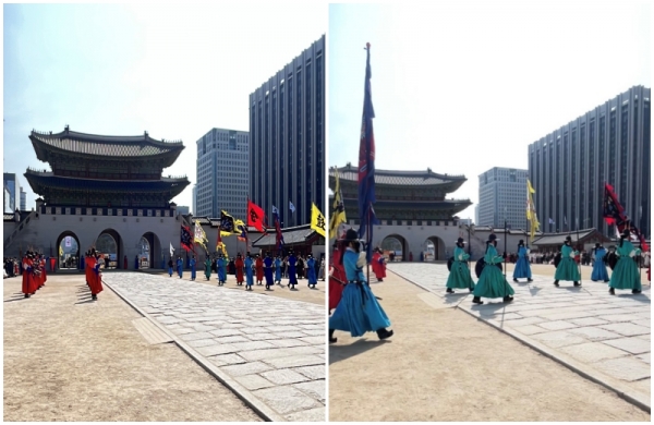 A traditional music band (left) starts the changing of the royal guards' ceremony with music, and the guards march toward Gwanghwamun Gate.